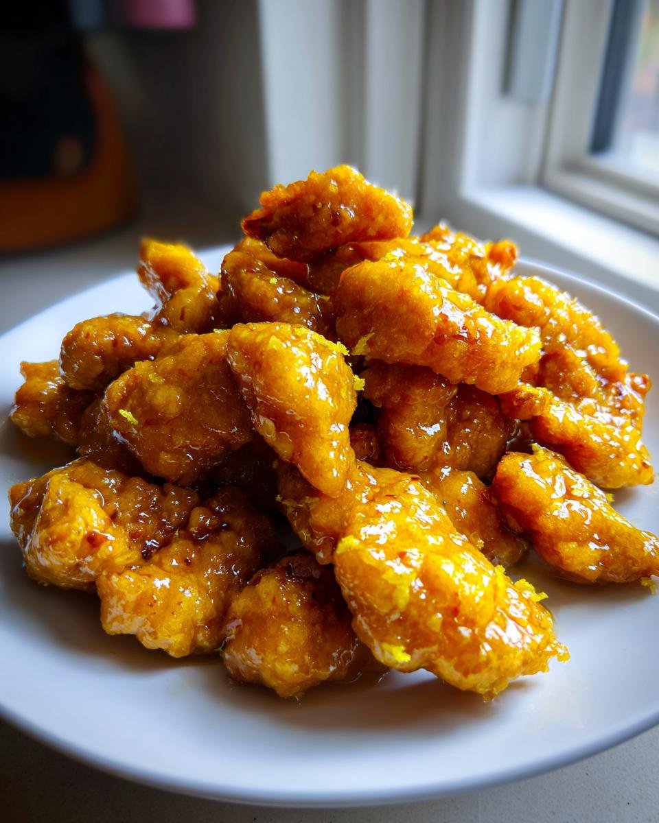 A close-up stack of crispy, golden pieces of Chinese Lemon Chicken coated in a thick, glossy sauce.