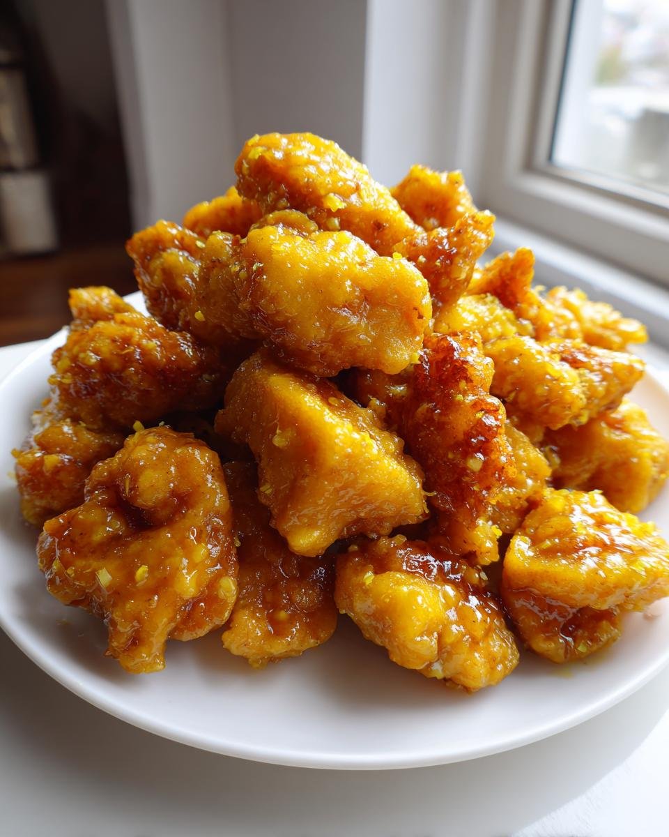 A mound of crispy, golden-brown pieces of Chinese Lemon Chicken coated in a thick, glossy lemon sauce.