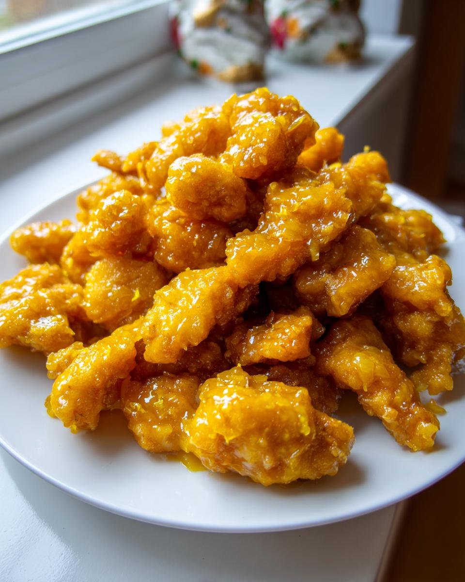 A pile of crispy, golden-orange Chinese Lemon Chicken pieces coated in a thick, glossy sauce.