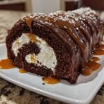 A slice of rich Chocolate Caramel Cake Roll filled with cream and drizzled with caramel sauce.
