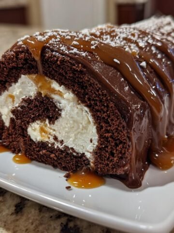 A slice of rich Chocolate Caramel Cake Roll filled with cream and drizzled with caramel sauce.