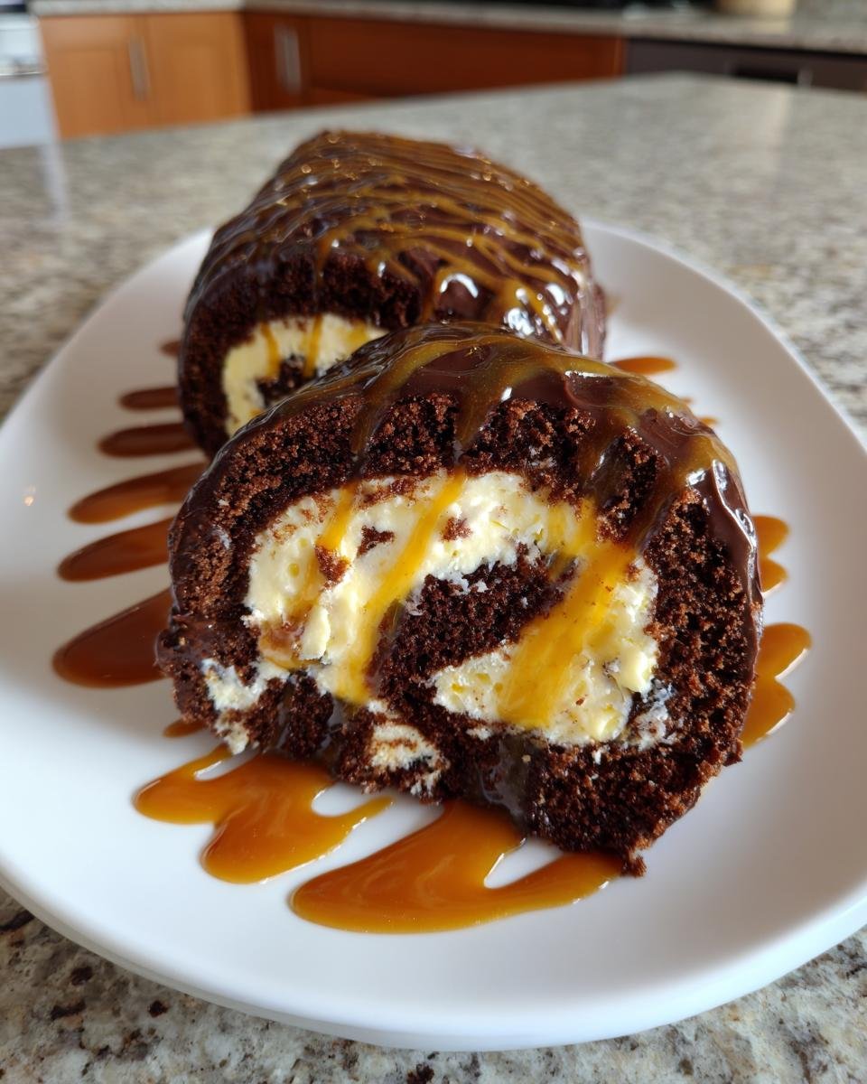 A cross-section slice of Chocolate Caramel Cake Roll showing rich chocolate cake, creamy filling, and caramel drizzle.