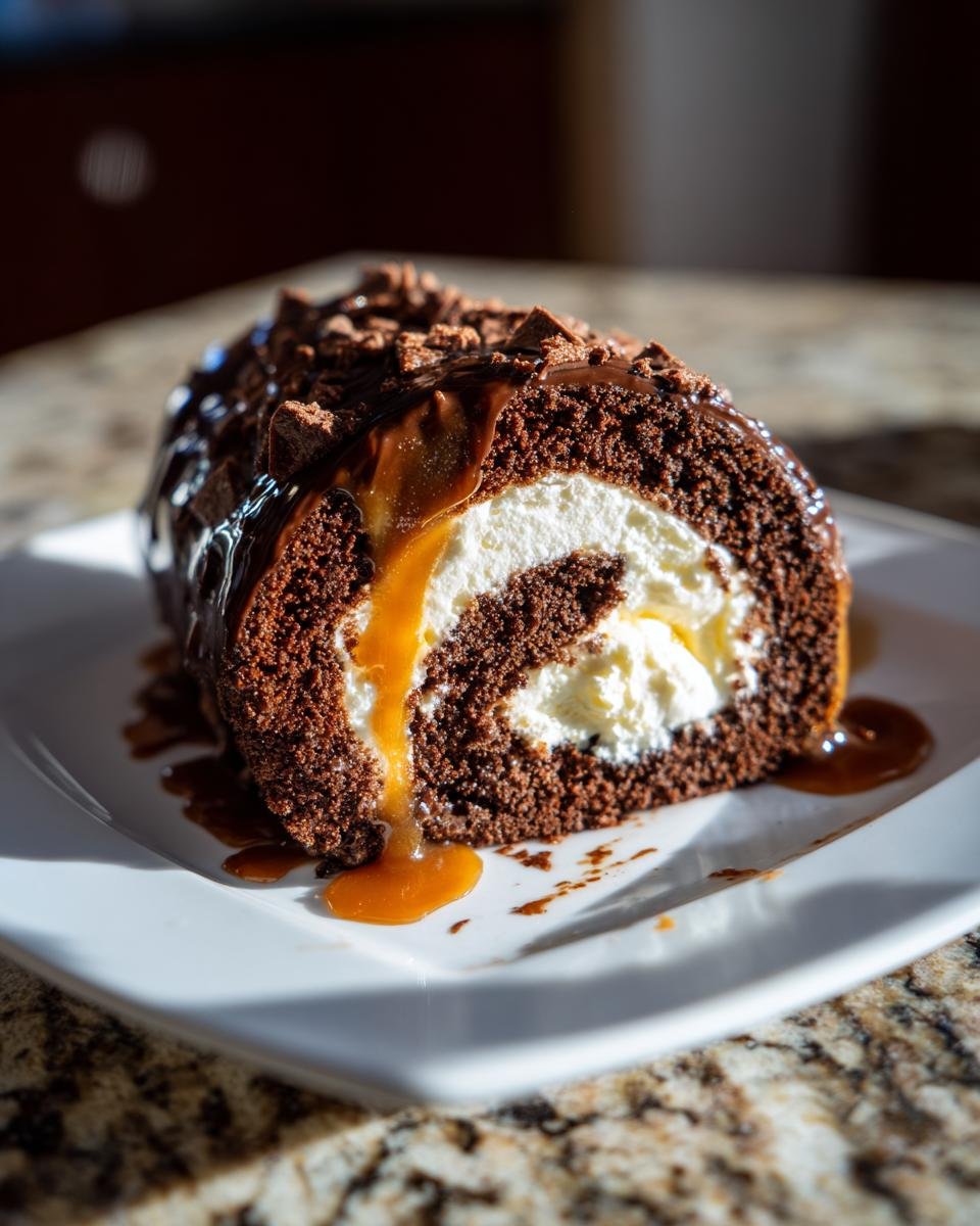 A decadent slice of Chocolate Caramel Cake Roll showing dark chocolate cake, white cream filling, and dripping caramel sauce.