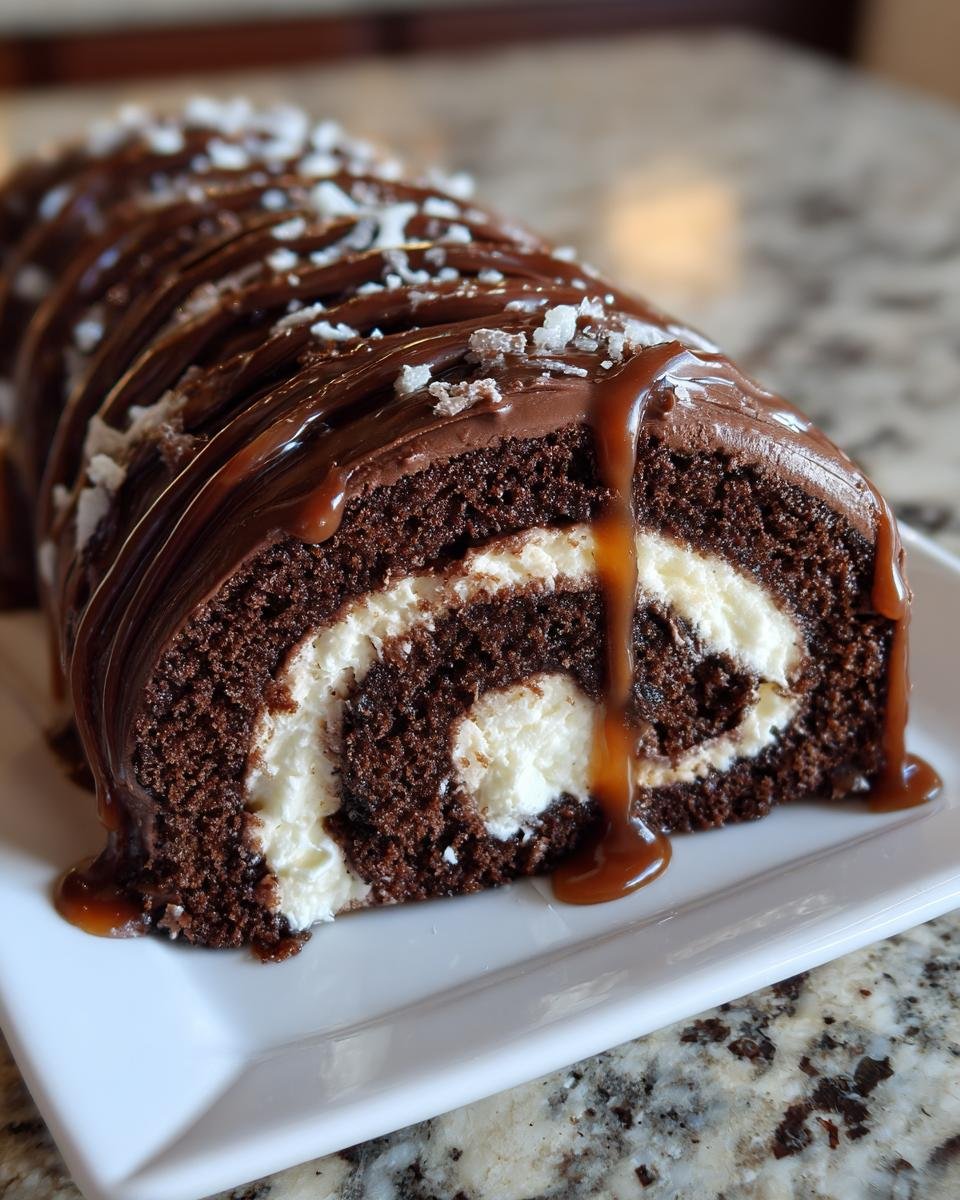 A cross-section slice of a Chocolate Caramel Cake Roll showing dark chocolate cake, white cream filling, and caramel drizzle.