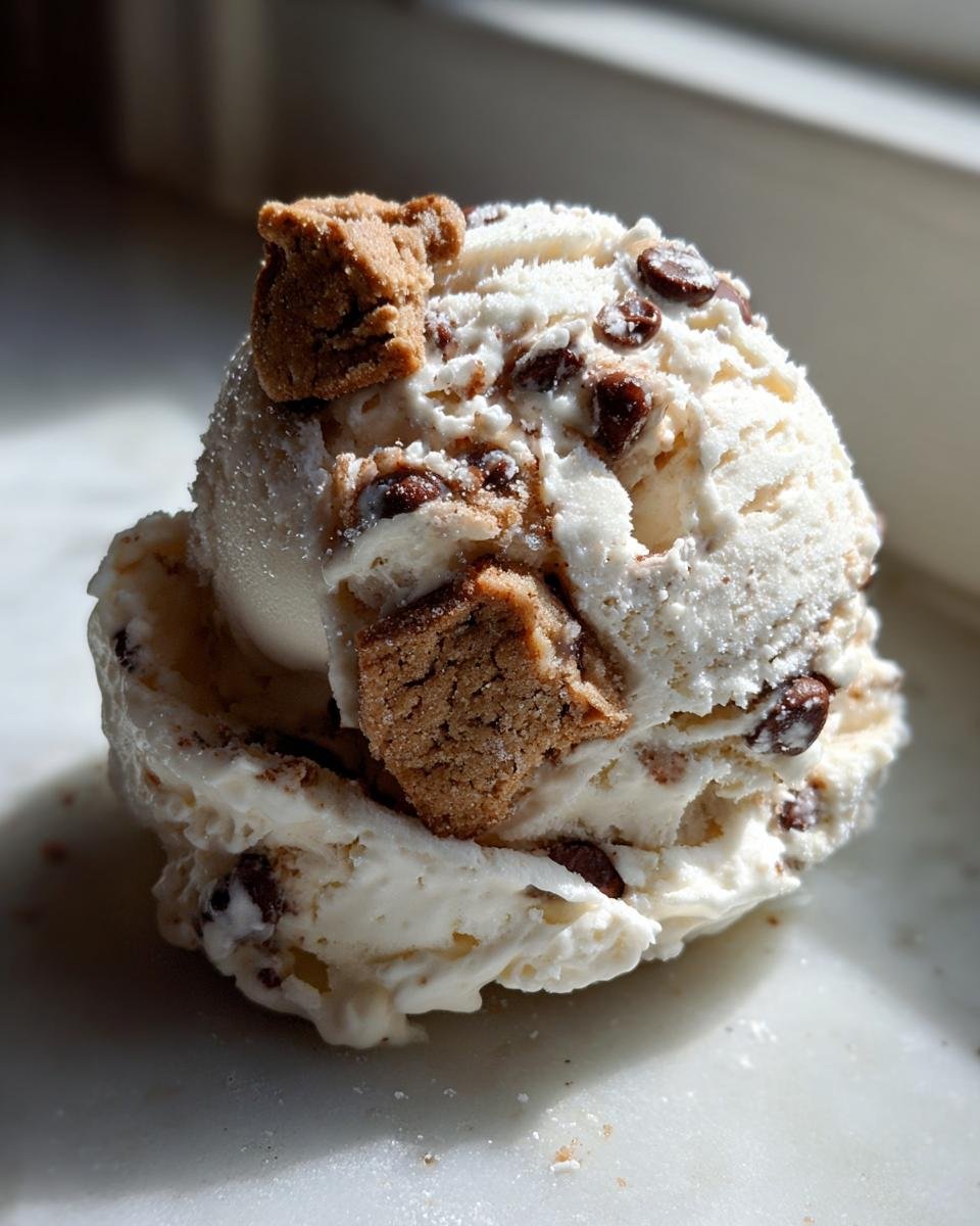A close-up scoop of creamy vanilla Chocolate Chip Cookie Dough Ice Cream studded with chocolate chips and large chunks of cookie dough.