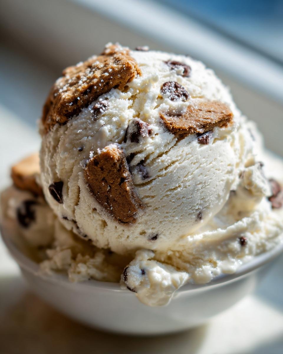 A close-up, sunlit scoop of homemade Chocolate Chip Cookie Dough Ice Cream in a white bowl.