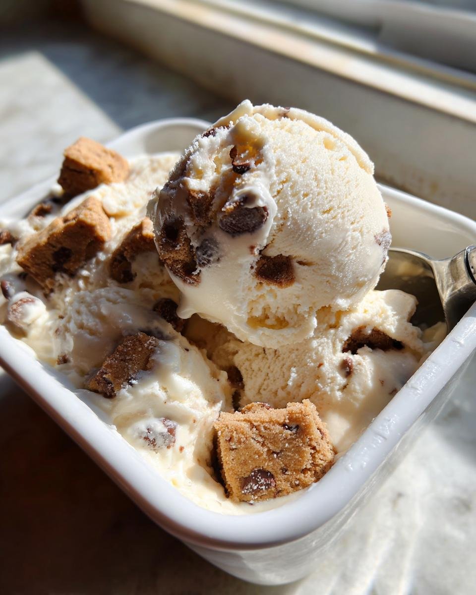 A scoop of creamy Chocolate Chip Cookie Dough Ice Cream loaded with chunks of cookie dough in a white bowl.