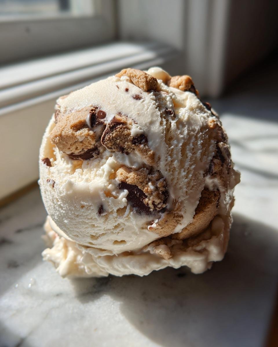 Close-up of a scoop of creamy Chocolate Chip Cookie Dough Ice Cream with visible chunks of dough and chocolate chips.