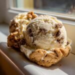 Two scoops of creamy Chocolate Chip Cookie Dough Ice Cream served in a cookie cup, brightly lit by sunlight.