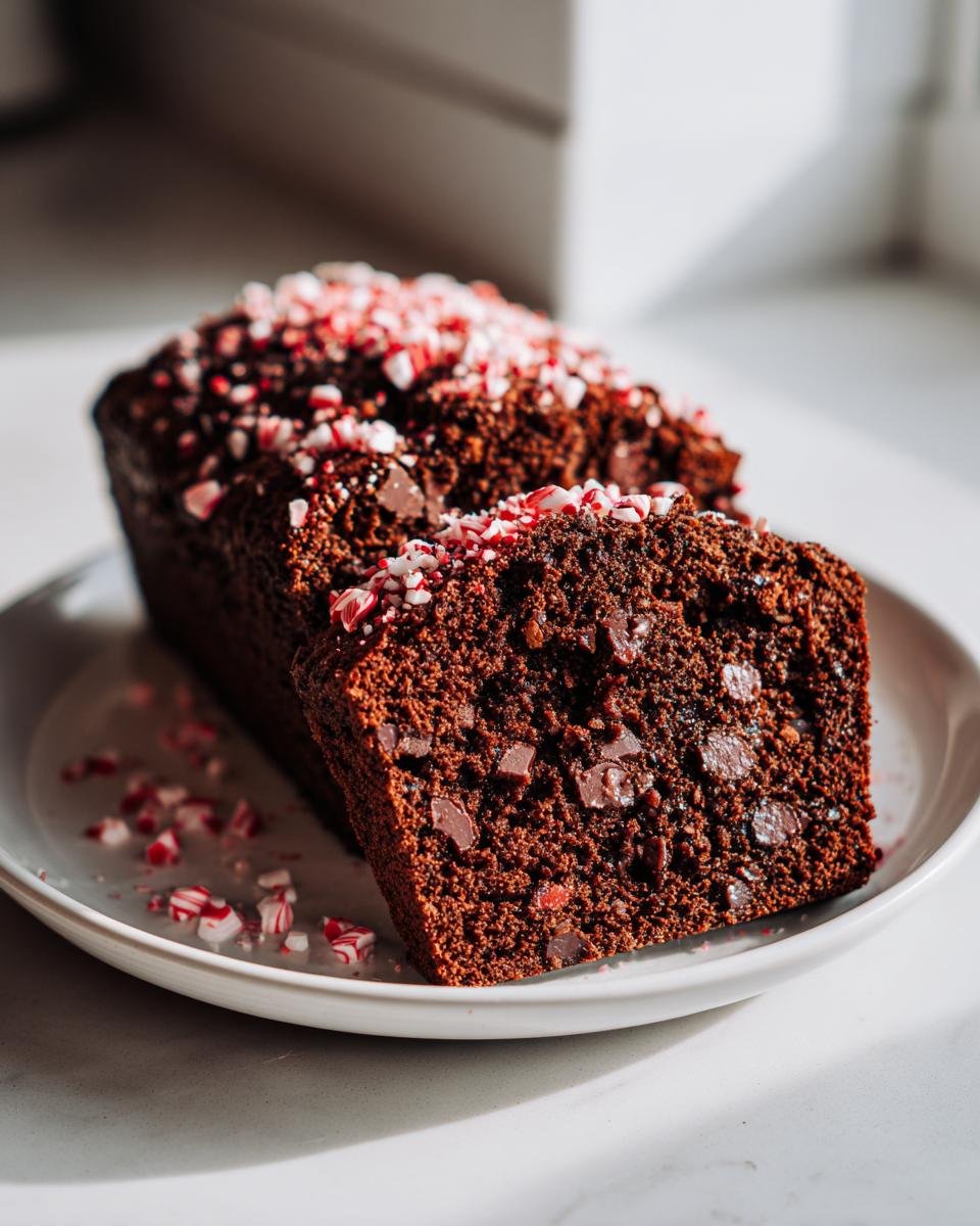 A slice of dark Chocolate Peppermint Bread, rich with chocolate chips and topped with crushed candy canes.