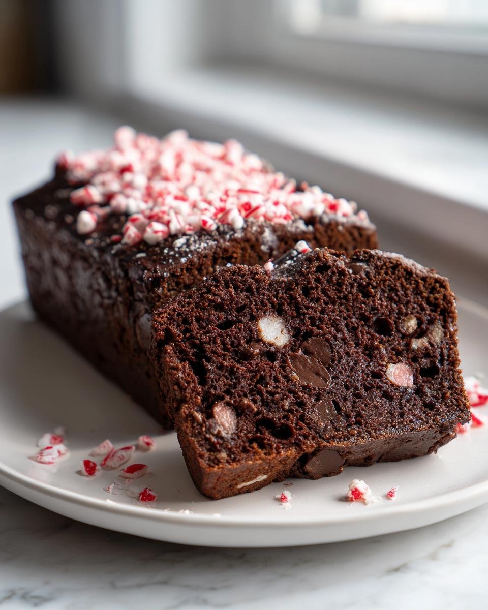 A slice of dark, moist Chocolate Peppermint Bread topped with crushed candy canes on a white plate.