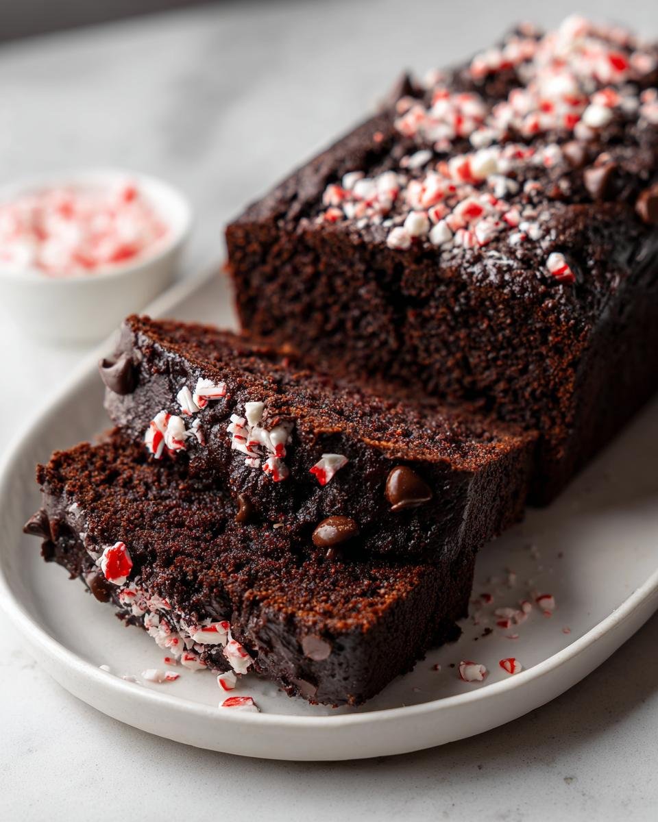 Close-up of rich Chocolate Peppermint Bread, sliced and topped with crushed candy canes.