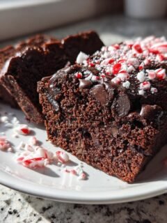 Close-up of rich Chocolate Peppermint Bread loaf, sliced, topped with chocolate glaze and crushed candy canes.