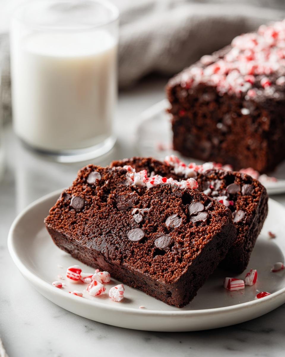 Two slices of rich Chocolate Peppermint Bread studded with chips, topped with crushed candy canes, served next to a glass of milk.
