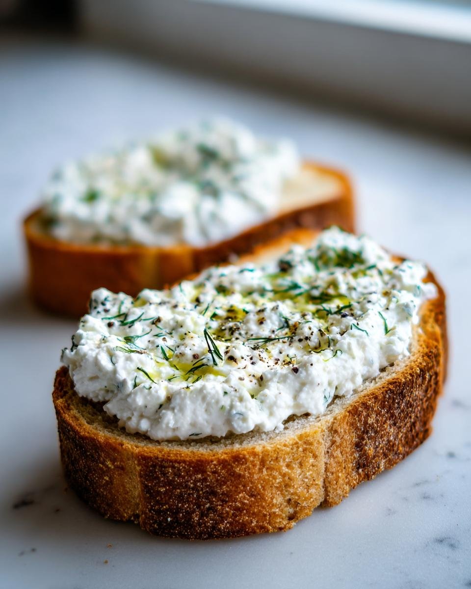 A close-up of one slice of Cottage Cheese Breakfast Toast topped with creamy cottage cheese, fresh dill, olive oil, and pepper.