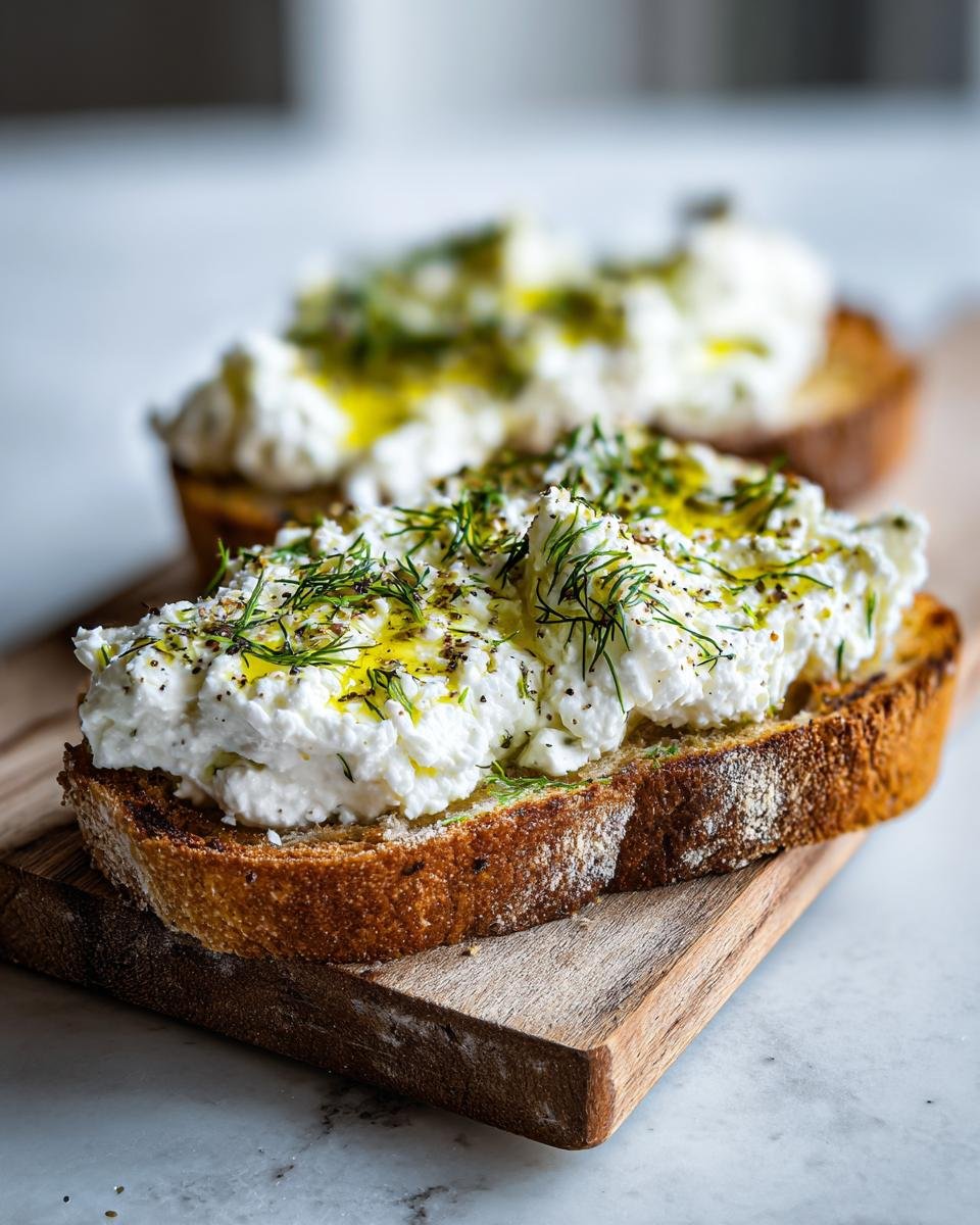 Close-up of Cottage Cheese Breakfast Toast topped with fresh dill and olive oil on a rustic wooden board.
