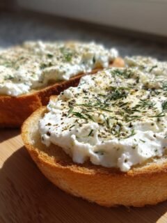 Two slices of toasted bread topped generously with creamy cottage cheese and sprinkled with herbs for Cottage Cheese Breakfast Toast.