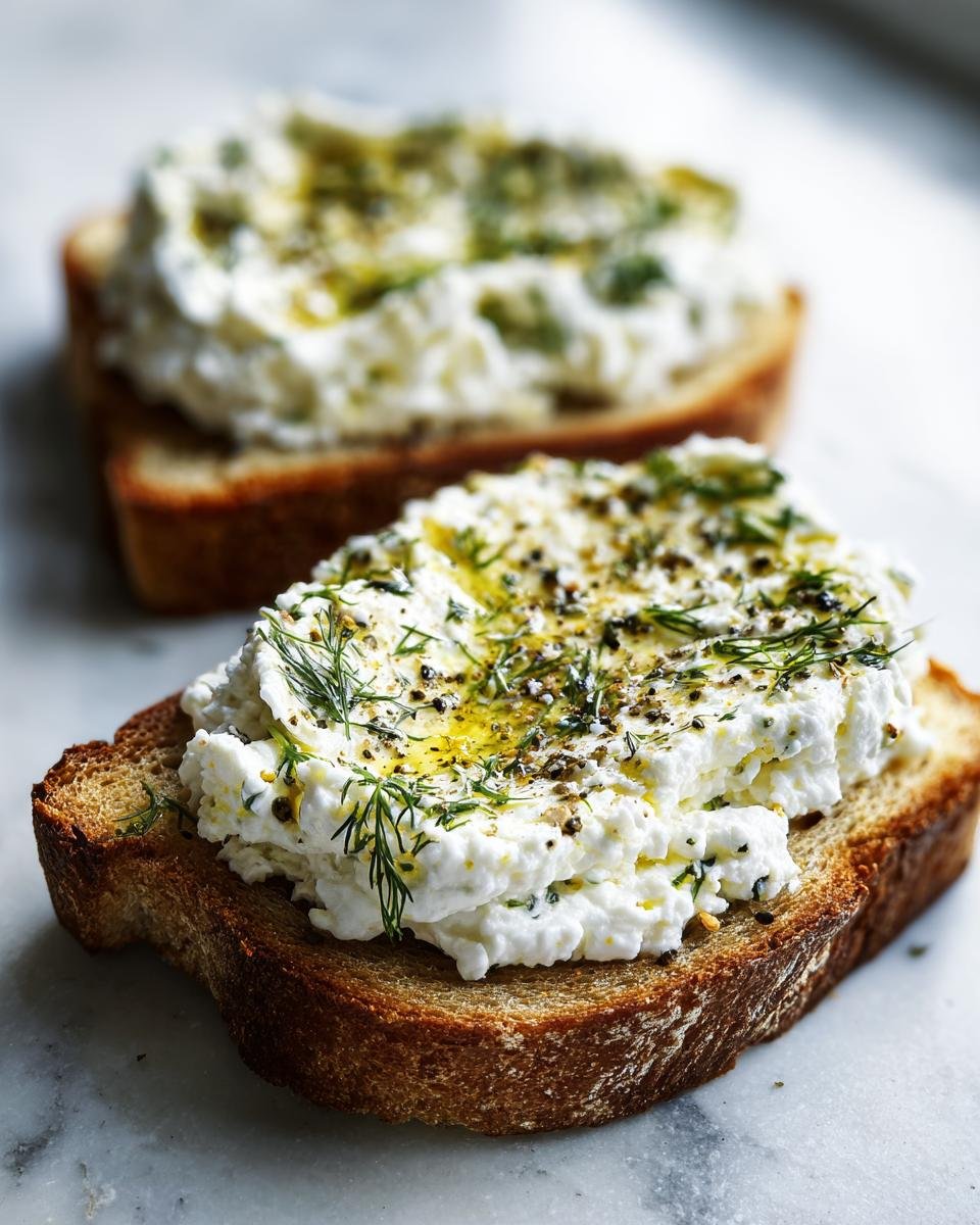 Close-up of Cottage Cheese Breakfast Toast topped with herbs and olive oil on marble.