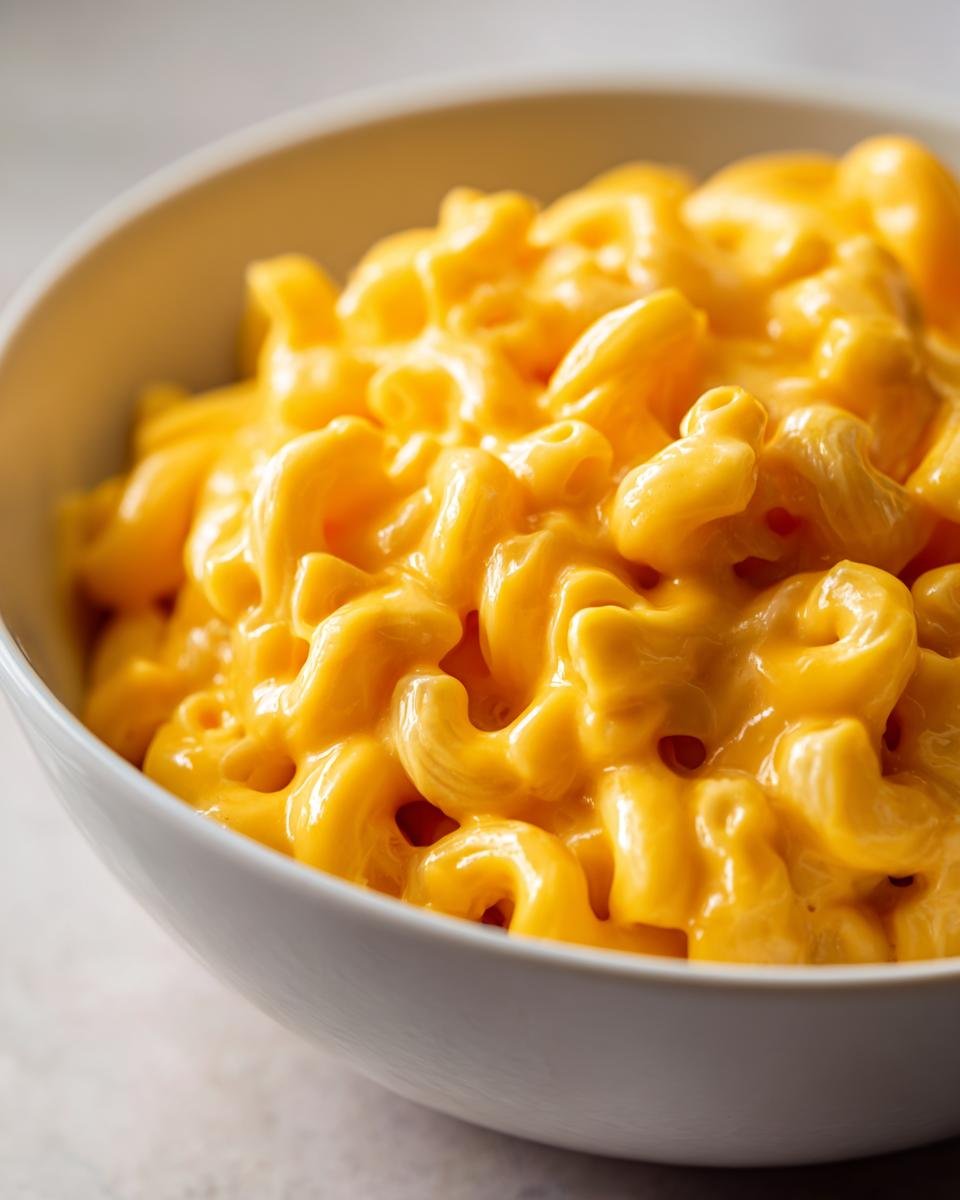 Close-up of a white bowl filled with rich, creamy, bright orange Mac And Cheese.