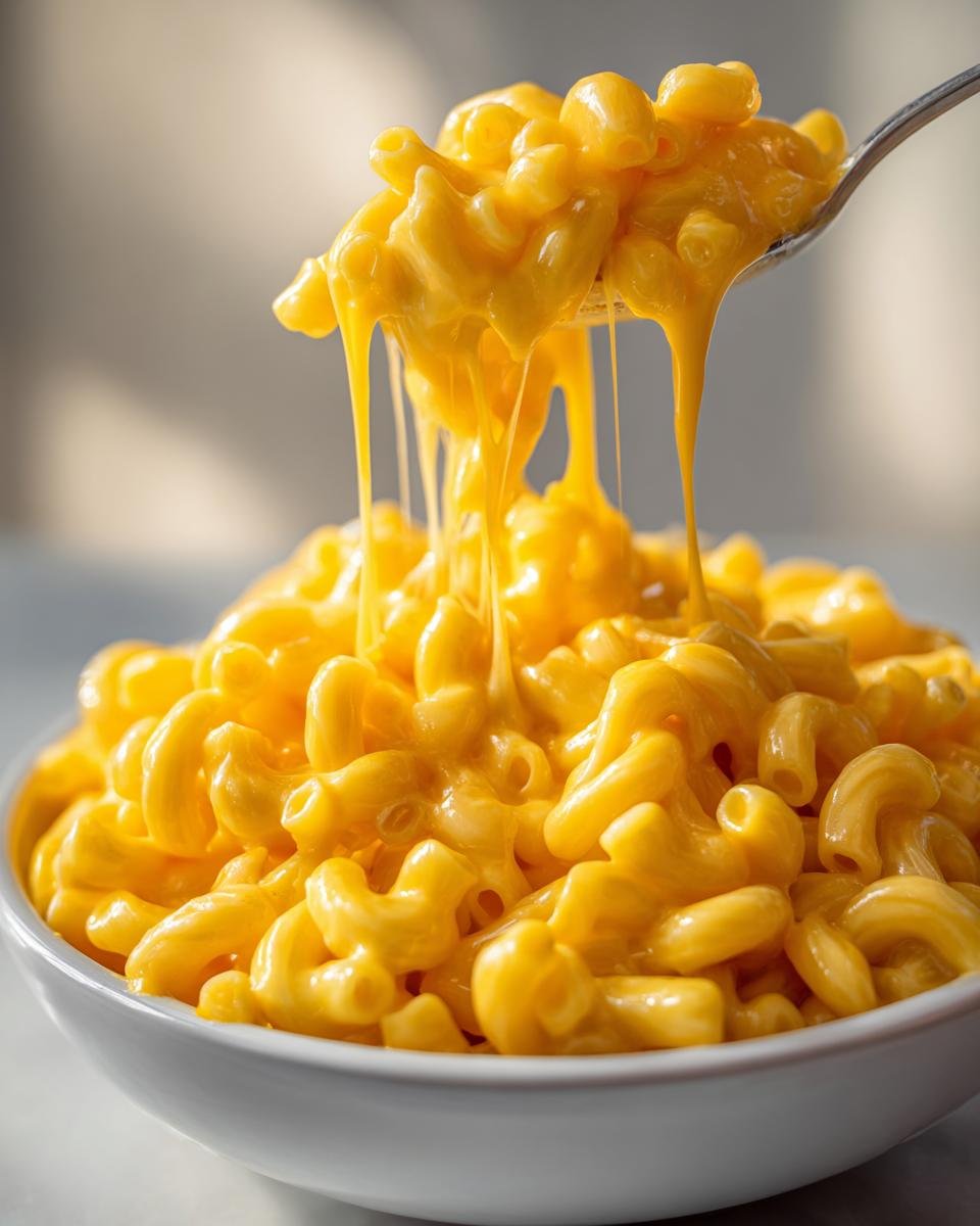 A spoonful of creamy, cheesy Mac And Cheese being lifted from a white bowl, showing long cheese pulls.