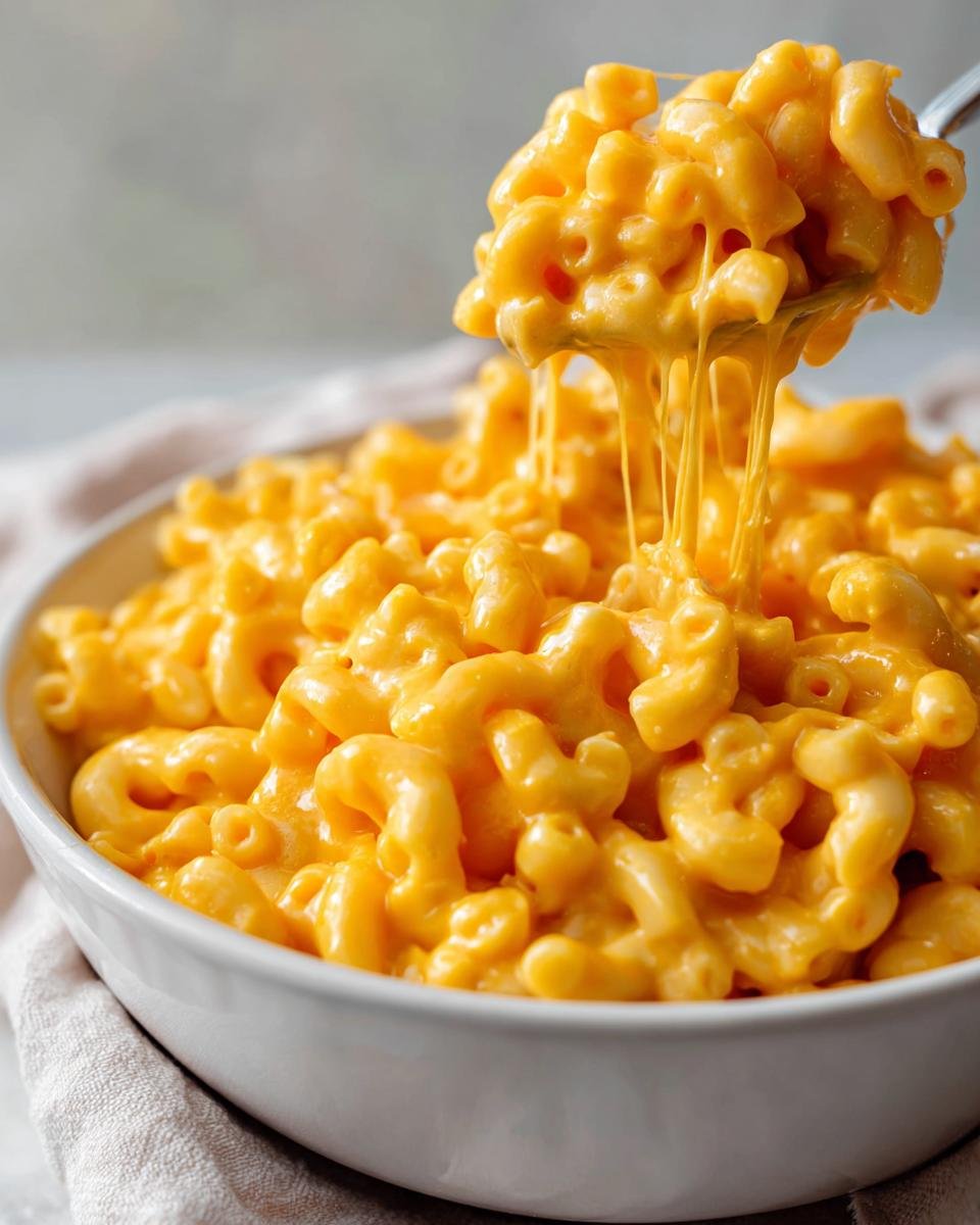 A spoonful of creamy, cheesy Mac And Cheese is lifted from a white bowl, showing long cheese pulls.