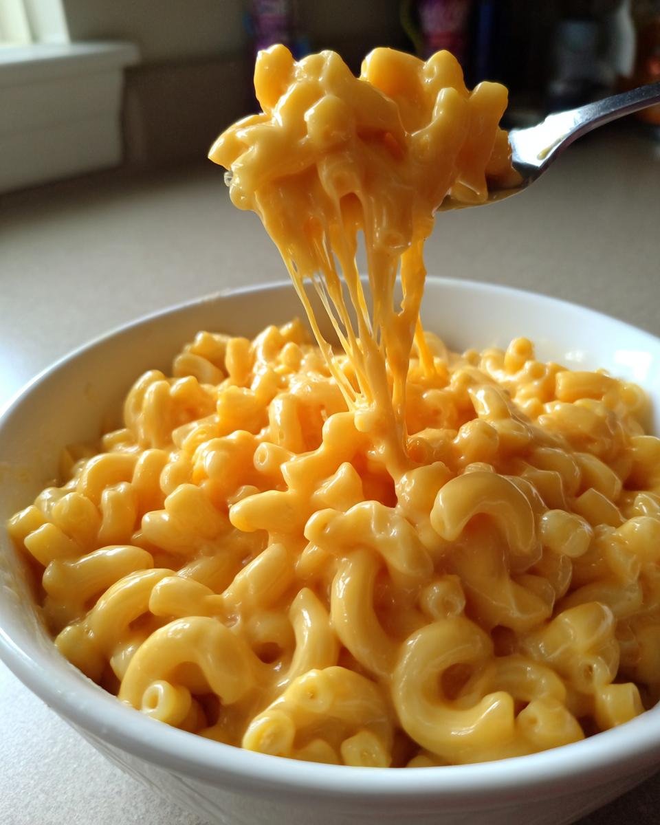 A spoonful of creamy, cheesy Mac And Cheese being lifted from a white bowl, showing long cheese pulls.