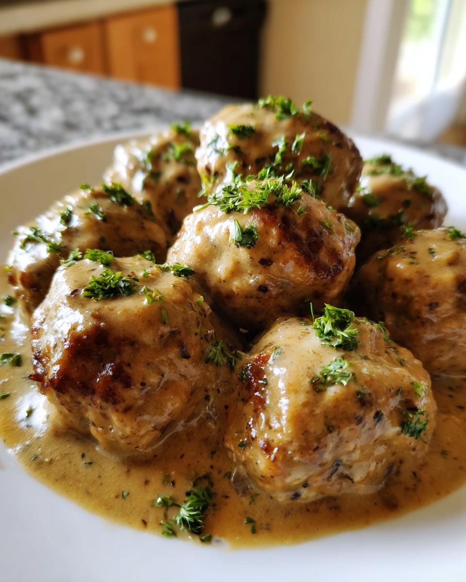 Close-up of several juicy Creamy Mushroom Chicken Meatballs smothered in savory sauce and topped with fresh parsley.