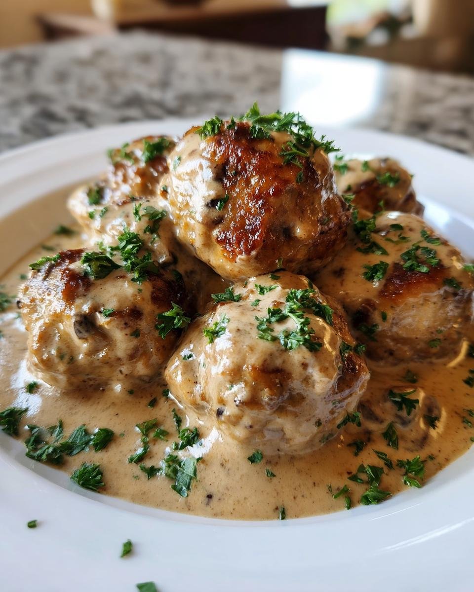 Close-up of golden-brown Creamy Mushroom Chicken Meatballs smothered in light brown mushroom sauce and topped with fresh parsley.