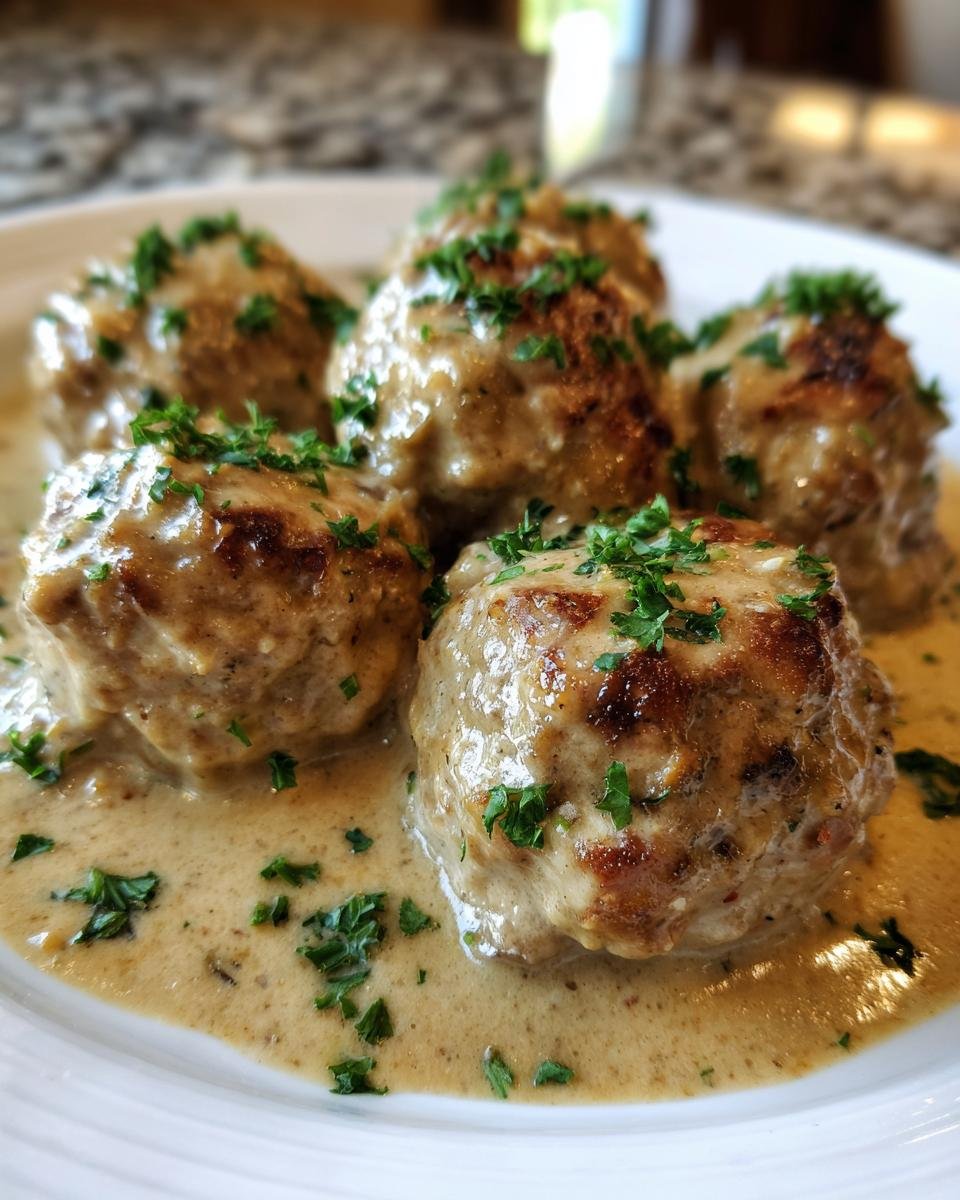 Close-up of several Creamy Mushroom Chicken Meatballs smothered in savory sauce and topped with fresh parsley.