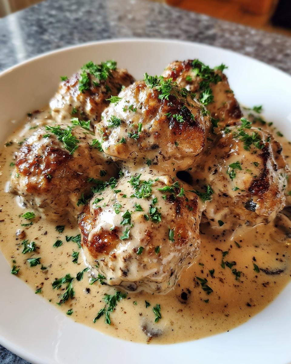 Close-up of several browned Creamy Mushroom Chicken Meatballs smothered in a rich, speckled sauce and garnished with fresh parsley.