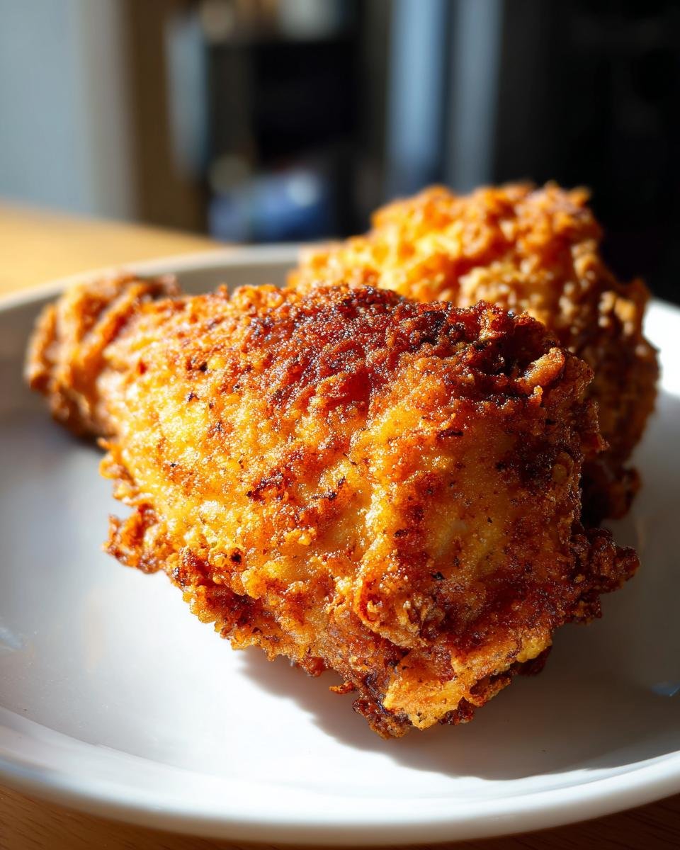Close-up of two pieces of golden brown, crispy Air Fry Fried Chicken resting on a white plate.