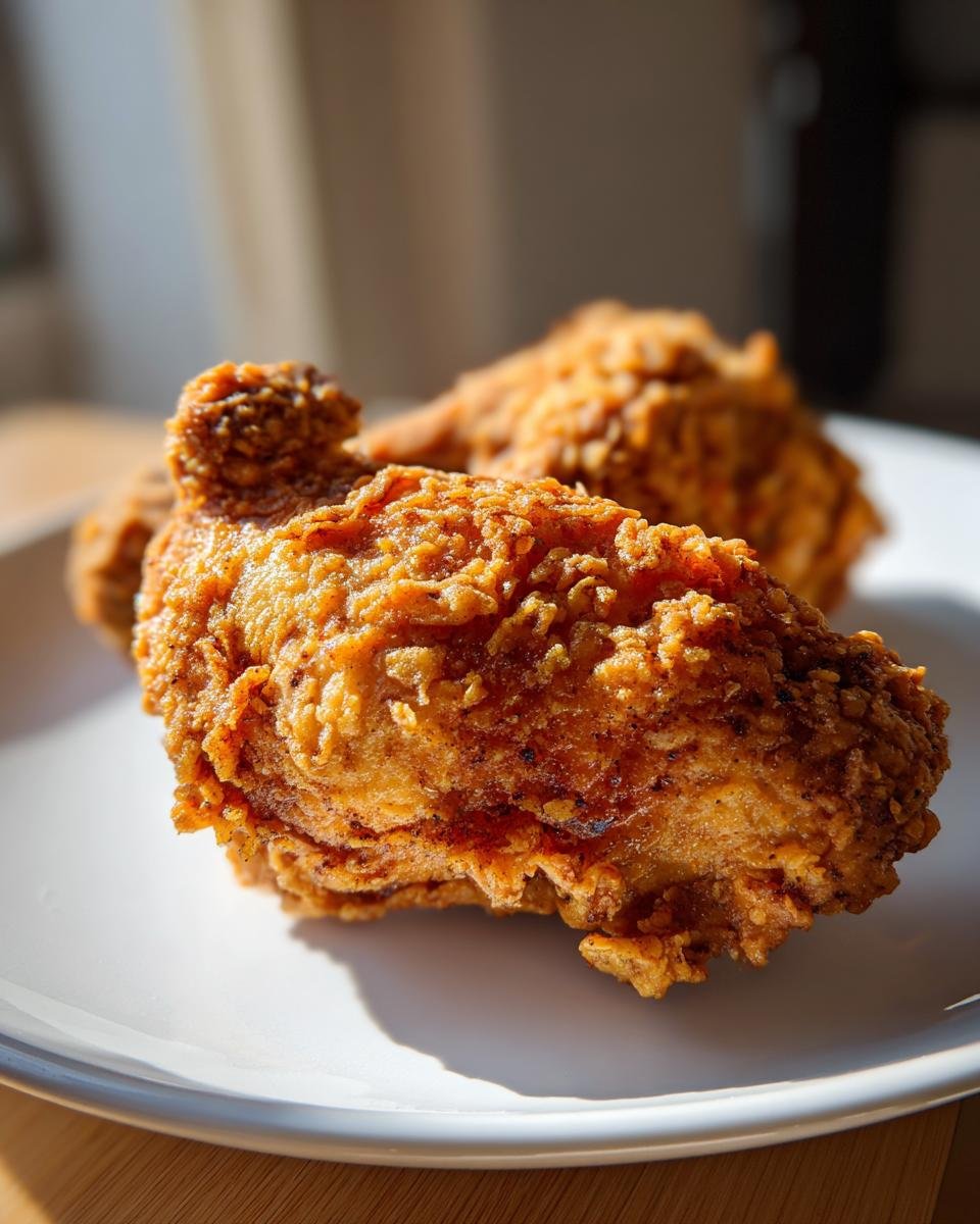 Close-up of a piece of golden brown, crispy Air Fry Fried Chicken resting on a white plate.