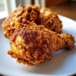 Close-up of a perfectly crispy, golden-brown Air Fry Fried Chicken drumstick on a white plate.