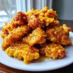 A close-up of crispy, battered pieces of Chinese Lemon Chicken coated in a thick, glistening orange sauce.