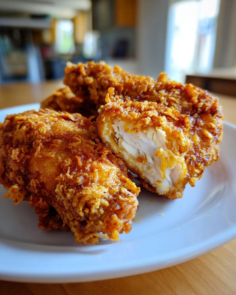Close-up of golden brown, extra crispy fried chicken pieces on a white plate, one piece is cut open showing juicy white meat.