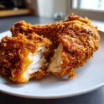 Close-up of Crispy Fried Chicken broken open to show juicy white meat inside the crunchy coating.