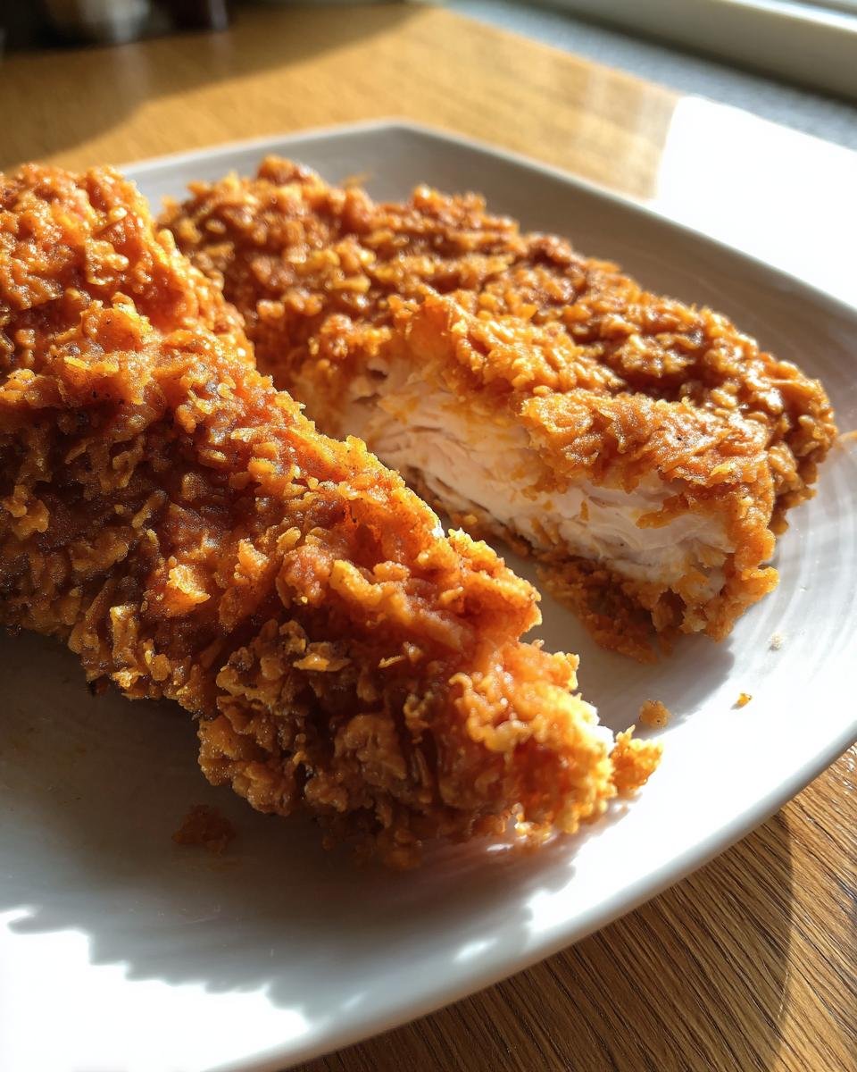 Two pieces of golden brown, extra crispy fried chicken on a white plate, one piece cut open to show the white meat.