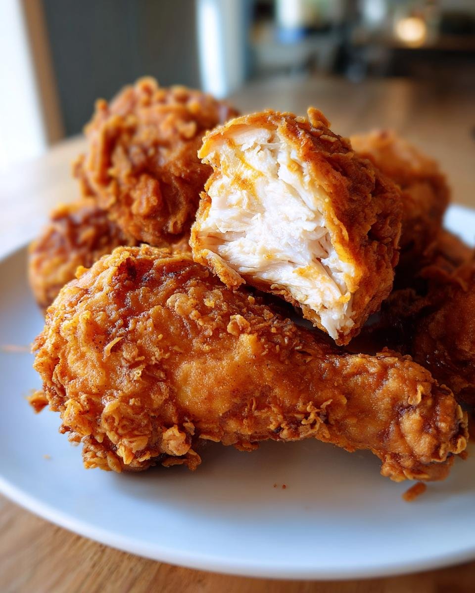 Close-up of amazingly crispy fried chicken, showing a piece broken open to reveal juicy white meat inside.
