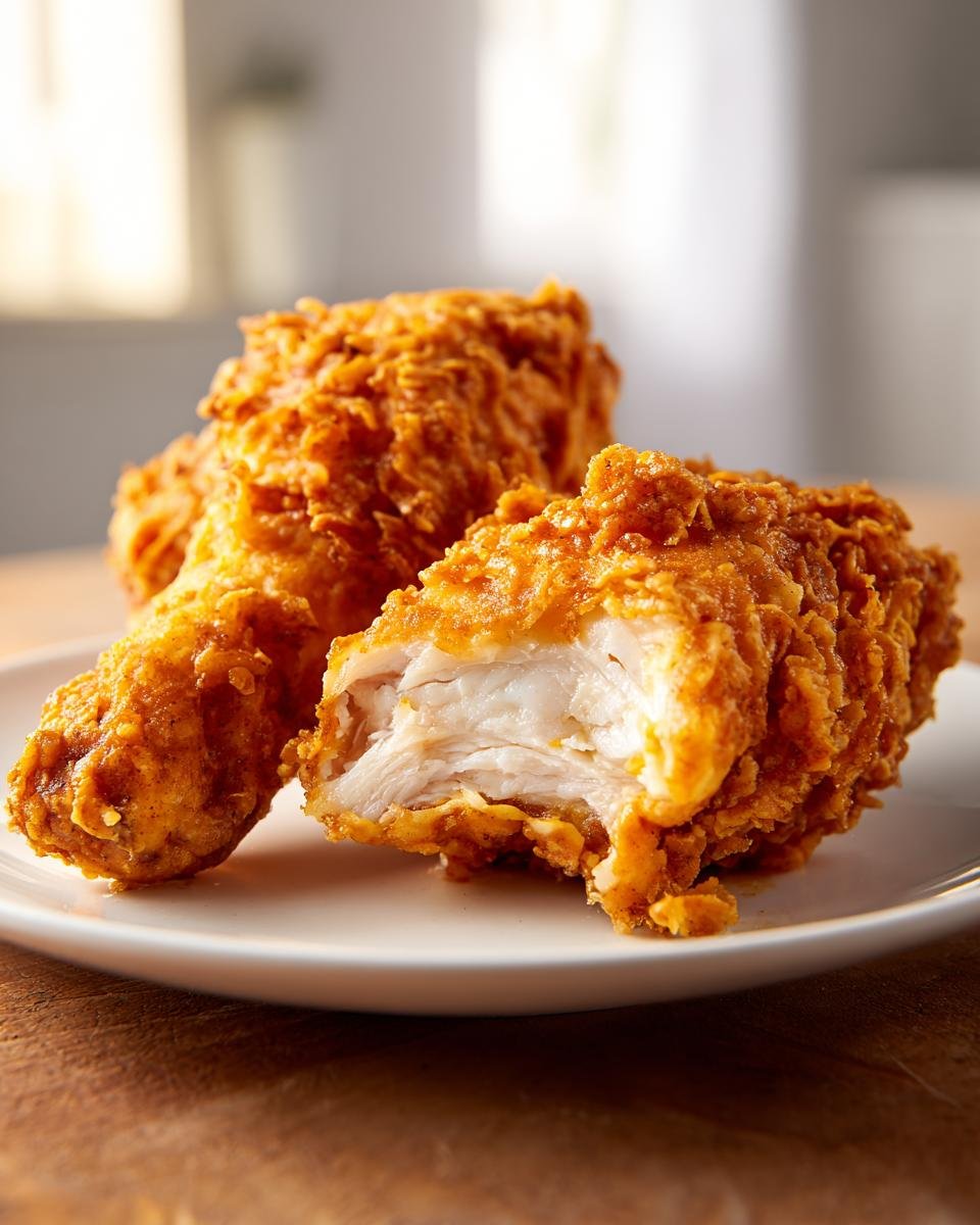 Close-up of two pieces of Crispy Fried Chicken on a white plate, one piece is broken open showing juicy white meat.