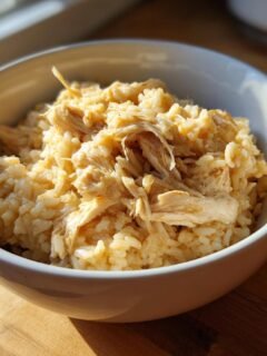 A close-up of a white bowl filled with creamy Crock Pot Chicken And Rice, featuring shredded chicken mixed with rice.