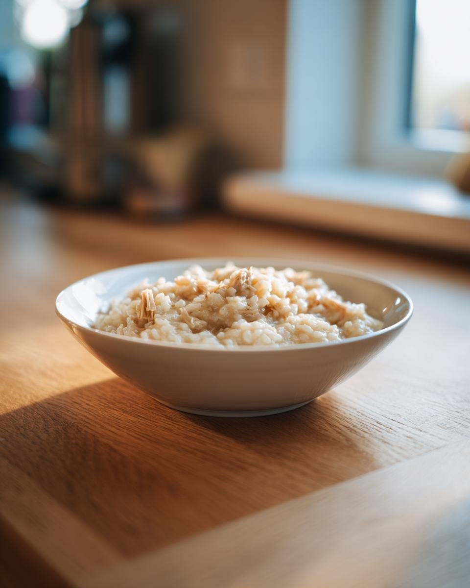 A white bowl filled with creamy Crock Pot Chicken And Rice mixture resting on a wooden countertop near a window.