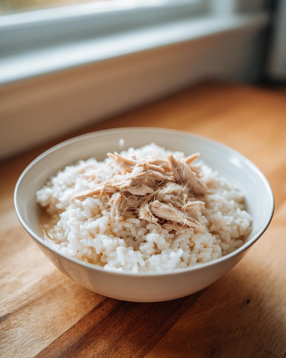 A white bowl filled with fluffy white rice topped with shredded chicken, representing Crock Pot Chicken And Rice.