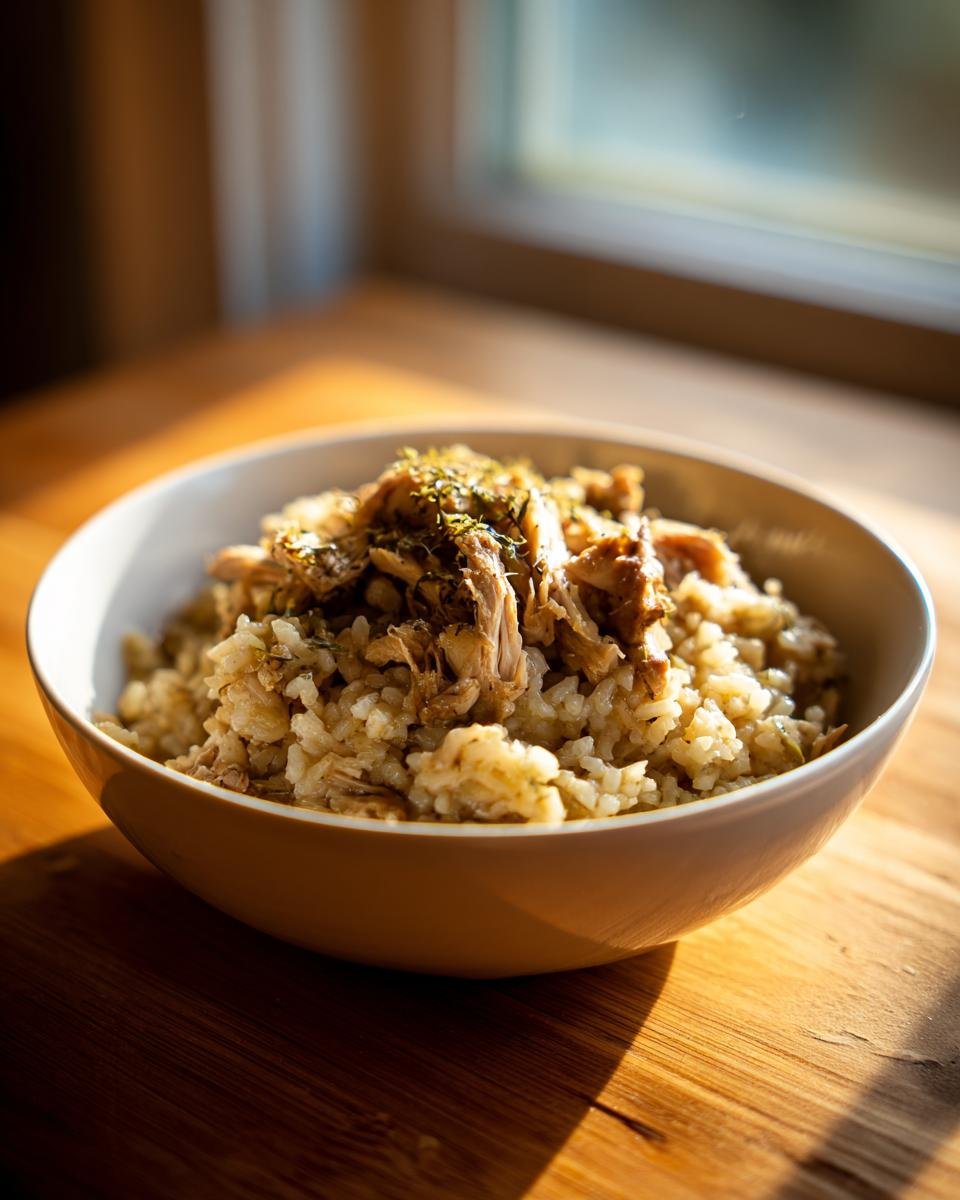 A bowl filled with savory Crock Pot Chicken And Rice, topped with shredded chicken and herbs.