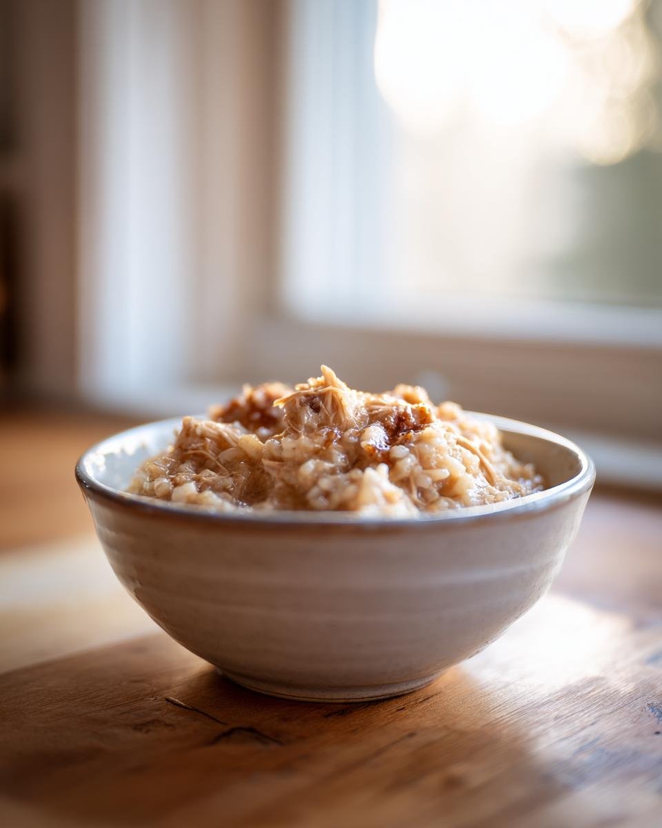 A close-up of a bowl filled with moist Crock Pot Chicken And Rice, sitting on a wooden surface near a bright window.