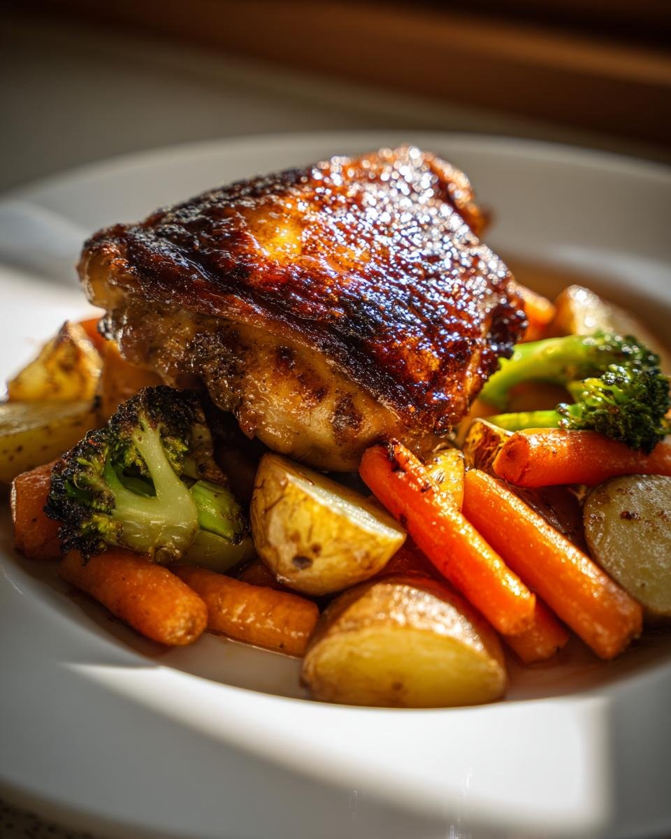 Close-up of Easy Roasted Chicken Thighs with colorful roasted vegetables like carrots, potatoes, and broccoli.