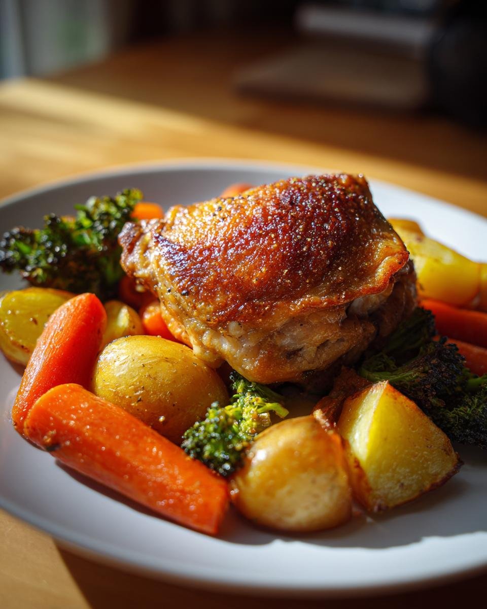 Close-up of Easy Roasted Chicken Thighs with crispy skin served alongside roasted potatoes, carrots, and broccoli.