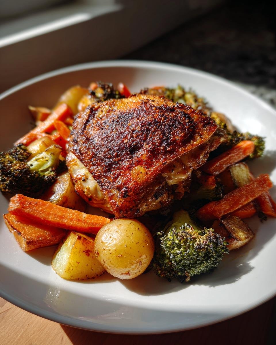 A plate featuring Easy Roasted Chicken Thighs with crispy skin served alongside roasted potatoes, carrots, and broccoli.
