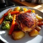 A perfectly cooked chicken thigh with crispy skin served over roasted potatoes, carrots, and broccoli for Easy Roasted Chicken Thighs.