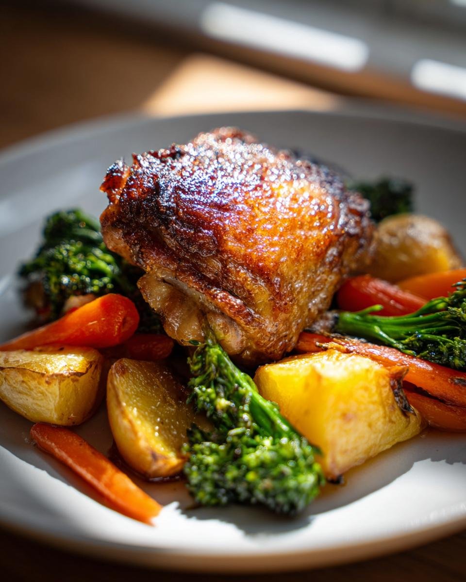 Close-up of crispy Easy Roasted Chicken Thighs served with roasted potatoes, carrots, and broccolini.