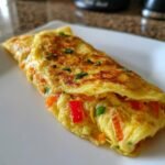 A golden, rolled omelette filled with colorful diced vegetables, showcasing the Effortless Veggie Omelette Roll.